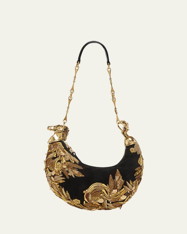 Chain Horse Bead-Embroidered Shoulder Bag in Suede
